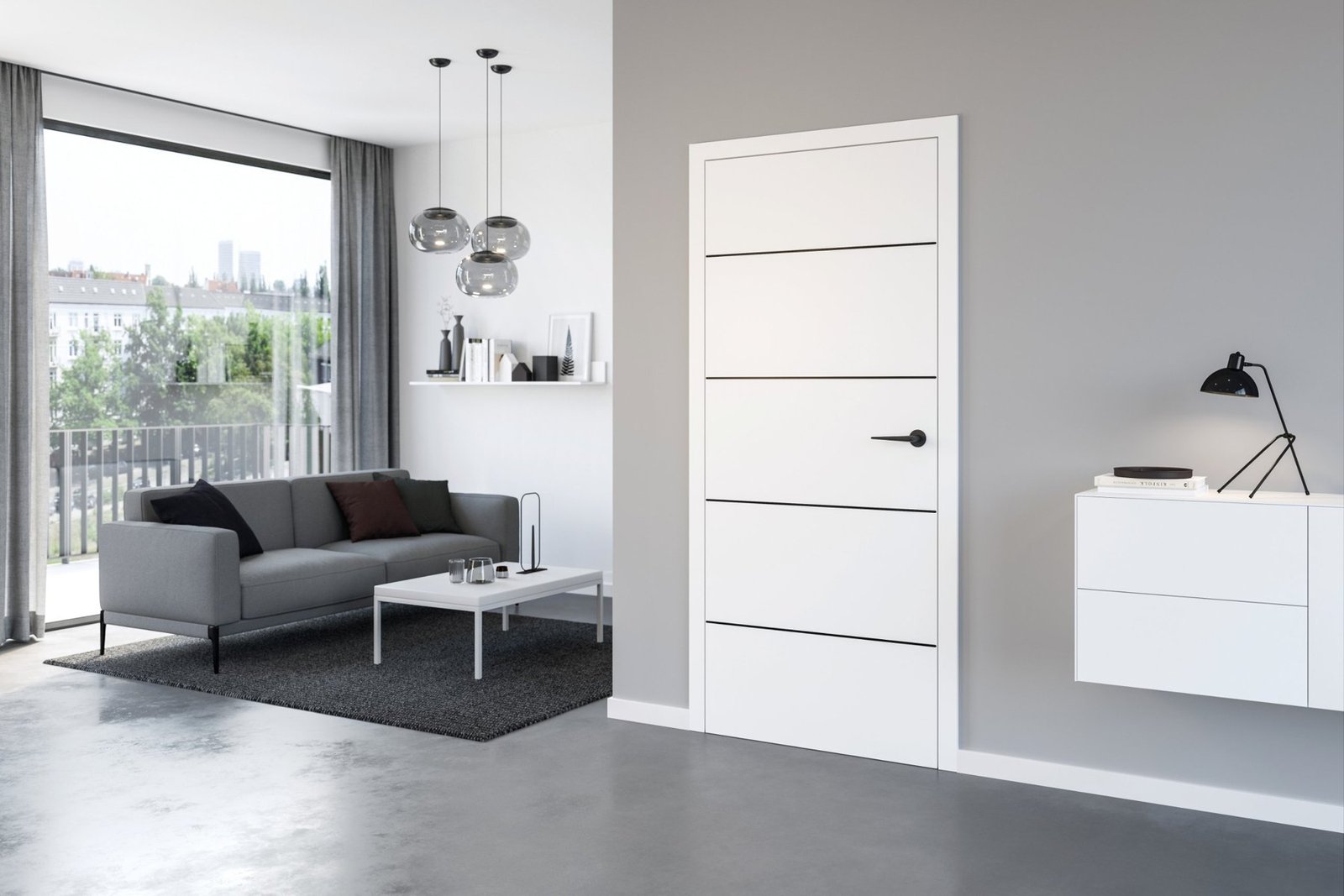 Gefälzte Holztür DesignLine Stripe mit Duradecor Weisslack Oberfläche.